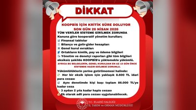 Elazığ İl Tarım ve Orman Müdürlüğü: KOOPBİS Son Başvuru Tarihi 26 Nisan 2026