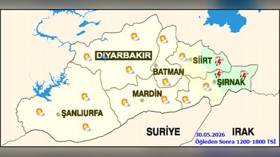 Şırnak'ta 30 Mayıs Cumartesi Gök Gürültülü Sağanak Yağış Bekleniyor